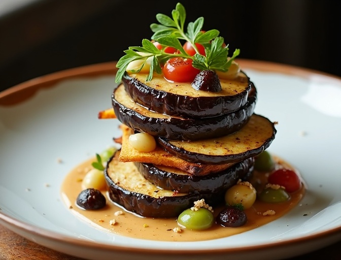 Millefeuille d'aubergines, restaurant Le Jardin Doré, Paris 3e arrondissement, Chef Antoine Dubois